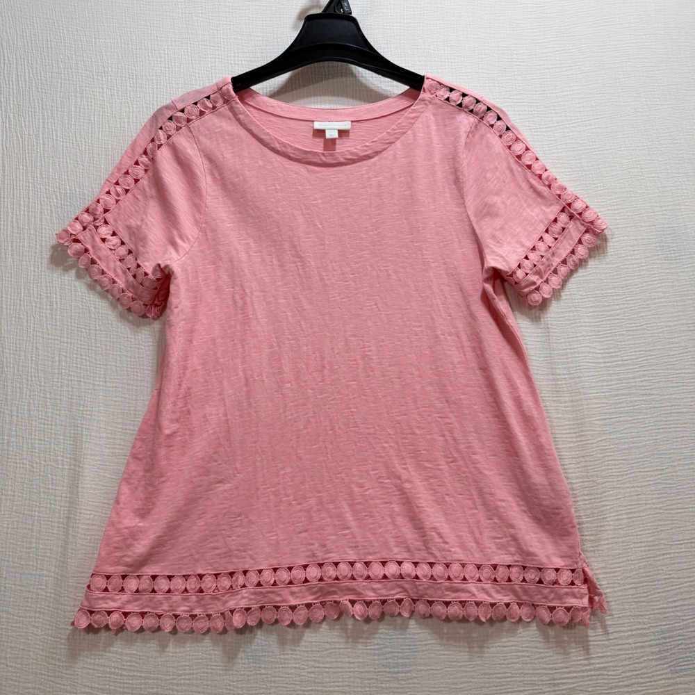 Charter Club Lace Trim Top Women L Pink Short Sleeve Cotton Slub Tee Coquette